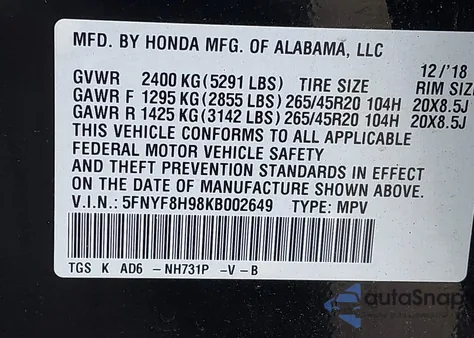 2019 Honda Passport Touring из США, поврежденный, VIN 5FNYF8H98KB002649